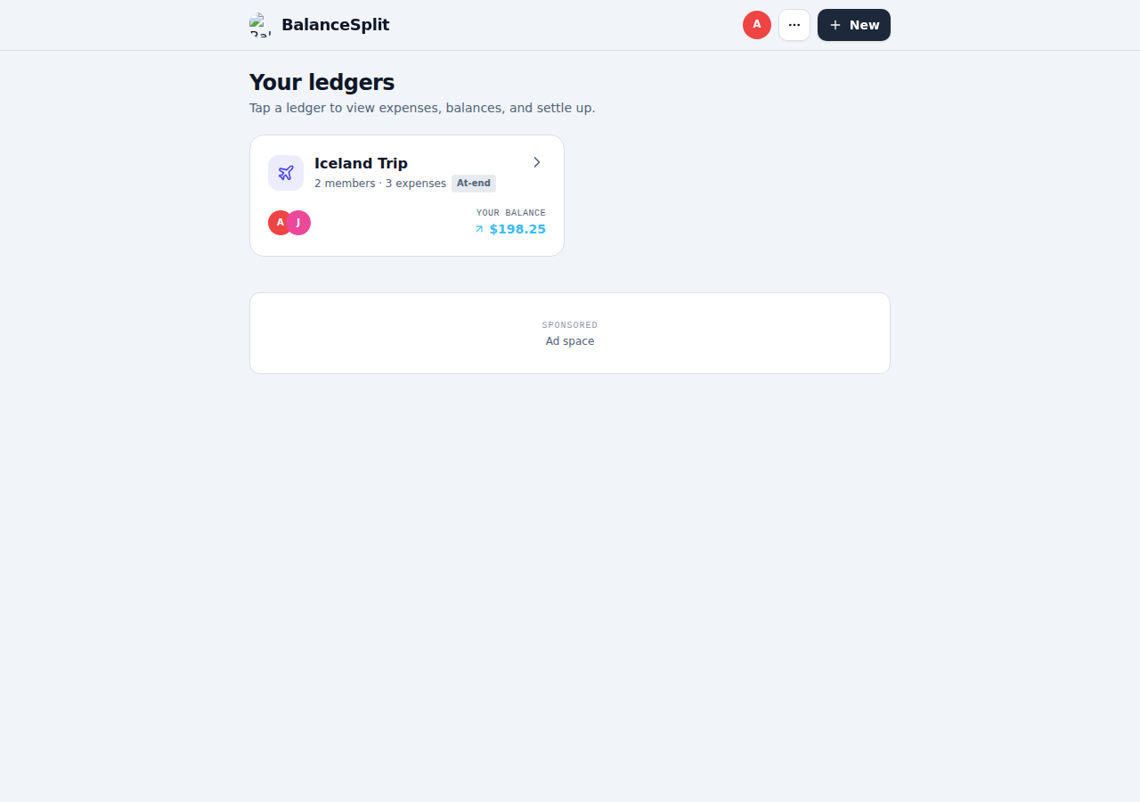 BalanceSplit home screen listing your ledgers