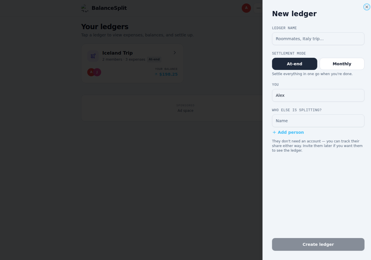 The new ledger form with settlement mode and member names