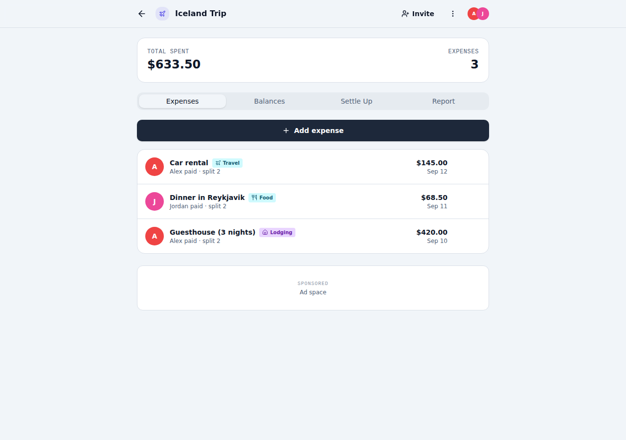 A ledger's expense list with total spent and expense count
