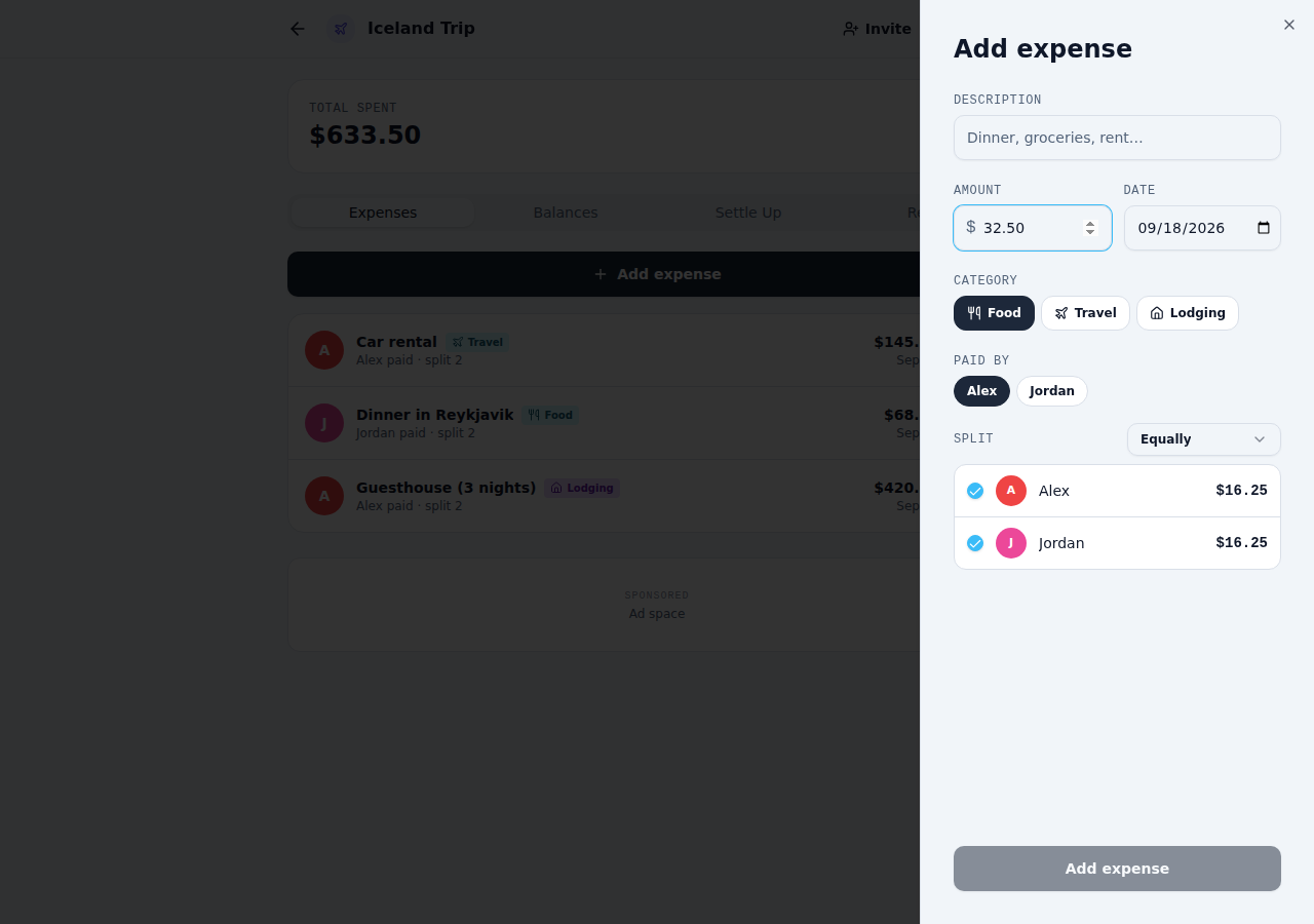 The add expense sheet with amount, category, payer, and an equal split