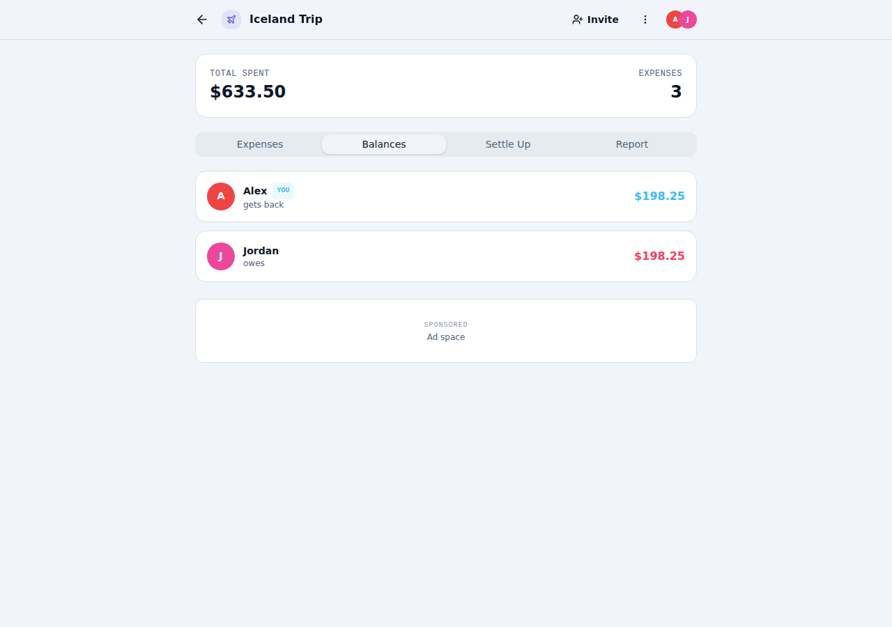 The balances tab showing who owes and who gets paid back