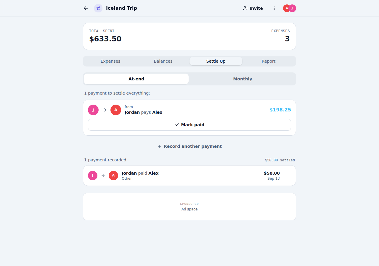 The settle up tab with a suggested payment and payment history