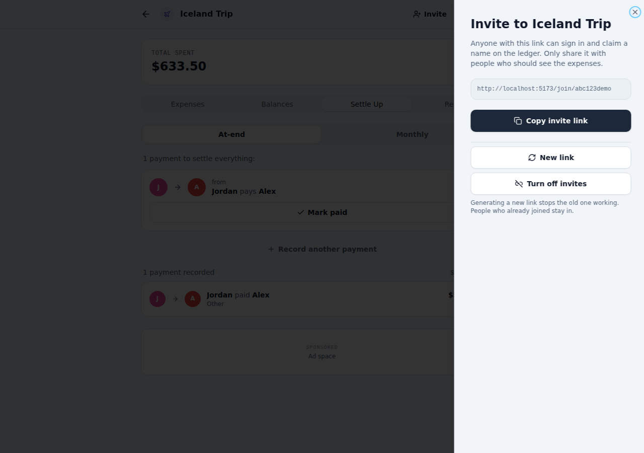 The invite sheet with a shareable link to join the ledger